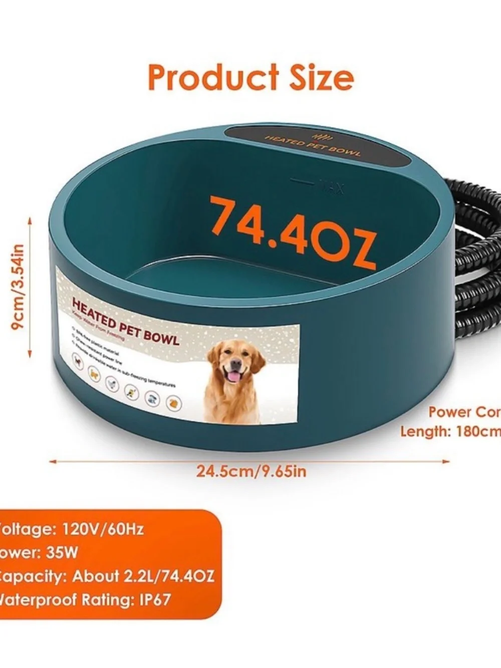 Heated Pet Water Bowl Outdoor Dog Cat Water Dish 74oz New